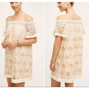 Anthropologie HD In Paris | Womens Beige Off Shoulder Avellanas Swing Dress XS